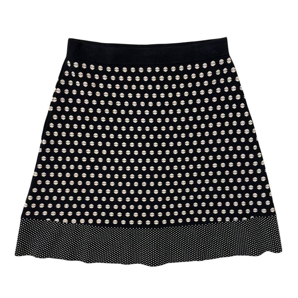 J McLaughlin Sz M Polka Dot Knit A-line Skater Skirt Stretch Black Cream Office